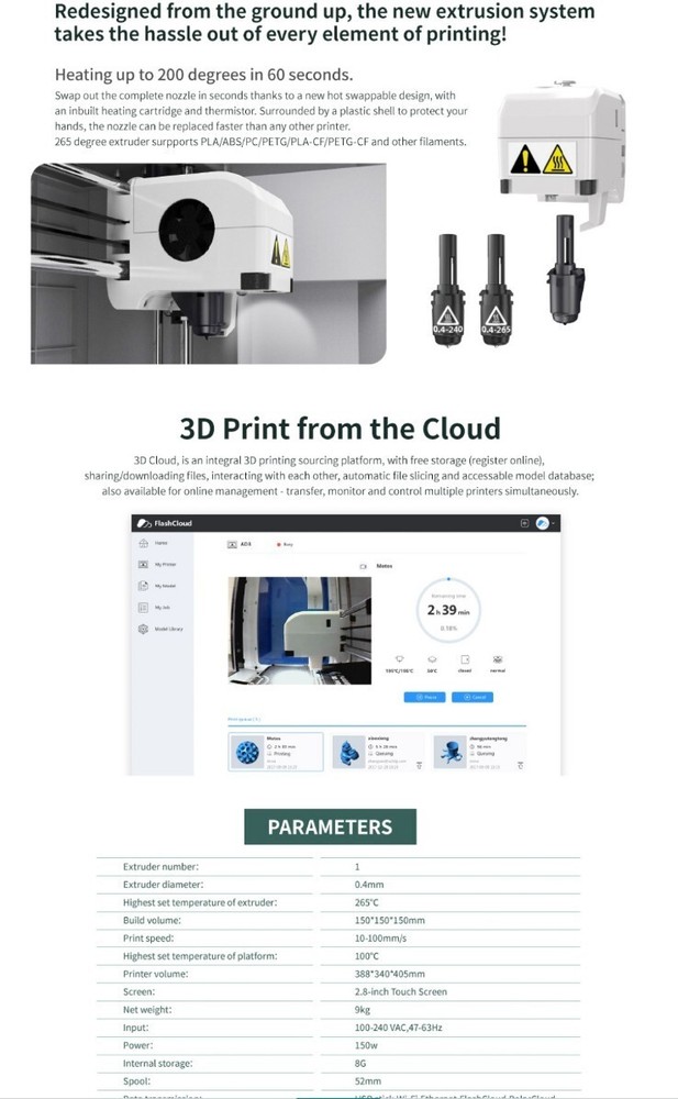 Flashforge Adventurer 3 3D Printer with Removable Nozzle - Black