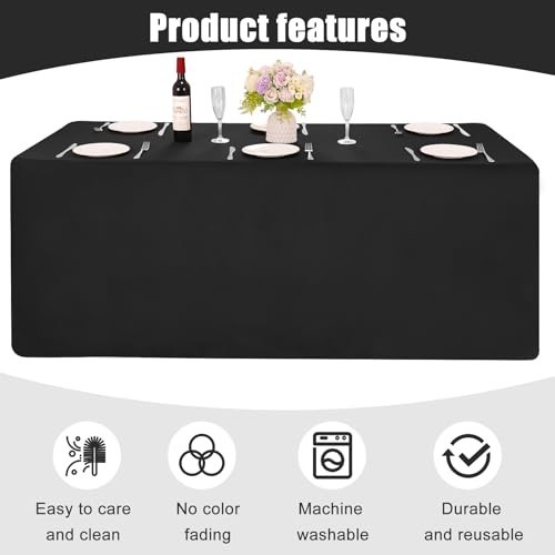 2 Pack 6FT Black Fitted Tablecloths for 6ft Rectangle Tables, Washable Polyester