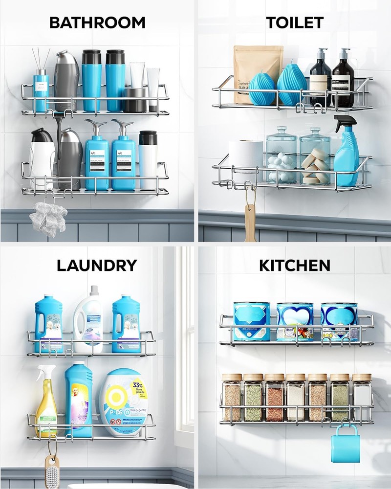 Shower Caddy Shelf Storage Rack Adhesive Without Drilling Stainless Steel wit...