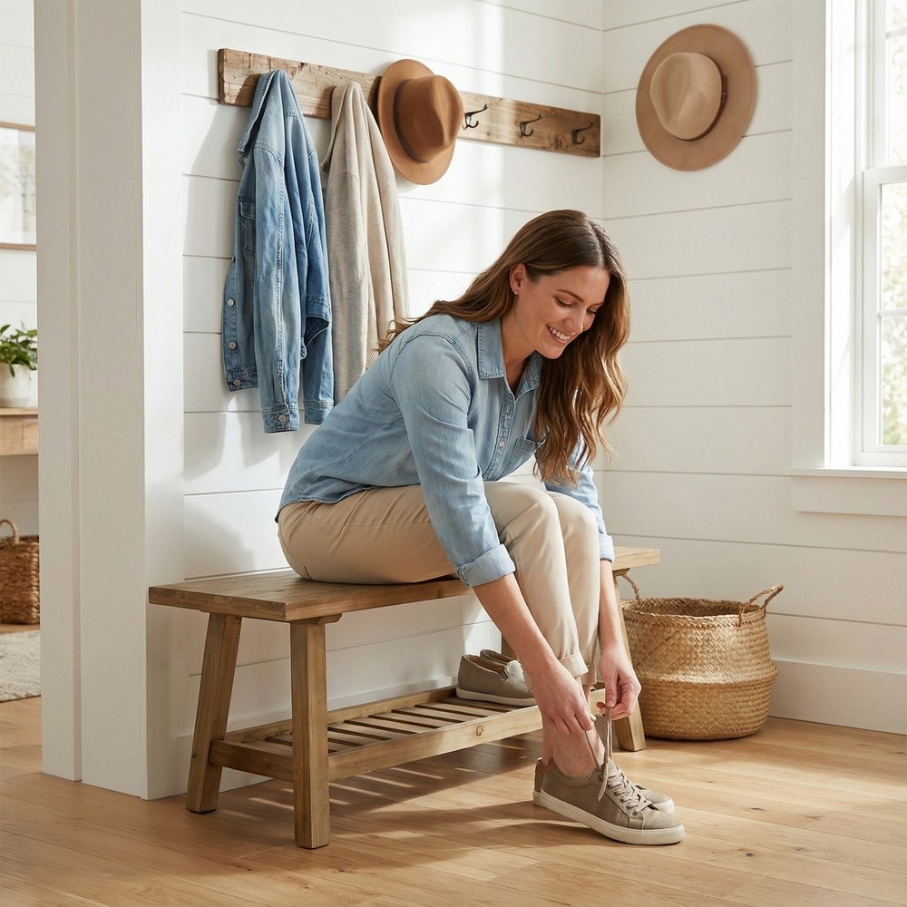 43" Rustic Farmhouse Bench with 2-Tier Open Storage Shelf