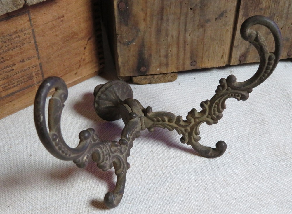 ORNATE Antique DOUBLE Cast Iron Victorian Hall Tree Coat Hat Hook #3