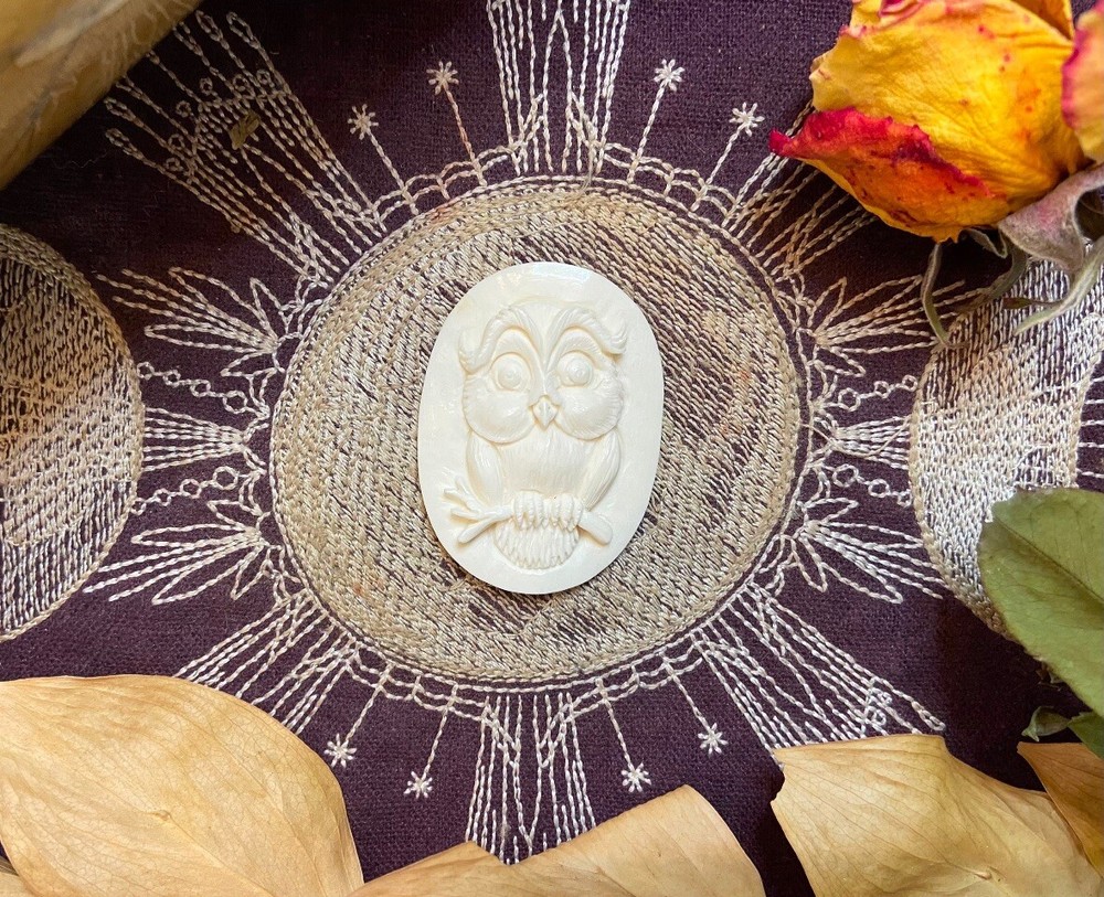 Bovine Bone Owl Carving, Ethically Sourced Cow Bone