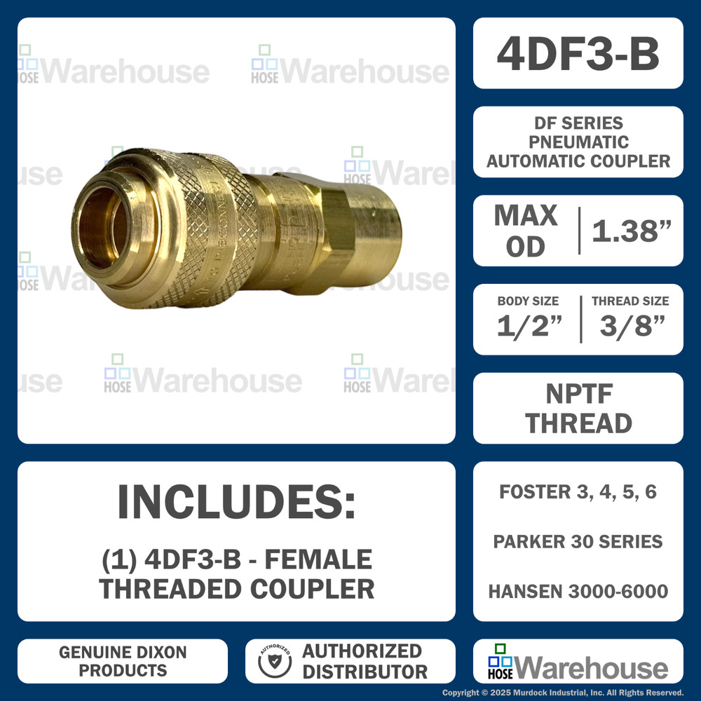 Genuine Dixon 4DF3-B DF-Series Coupler – Brass Automatic Pneumatic Female Thread