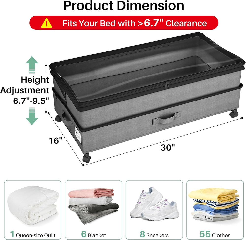 4 Pack Height-Adjustable Under Bed Shoe Storage with Wheels - Gray