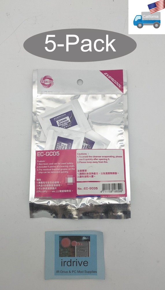 5-Pack: Evercool EC-GC05 Thermal Compound Grease/Paste Remover Cloth Cleaner