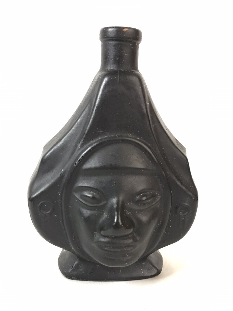 Vintage Black Empty Glass Bottle w/ 3D Face 6.5"