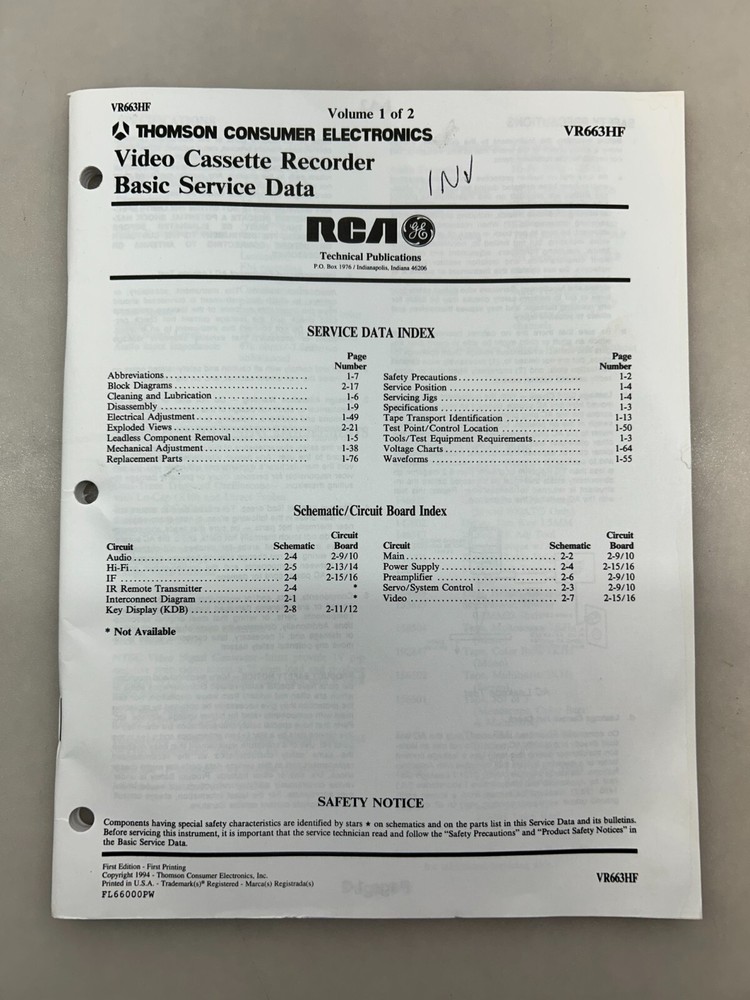 RCA VR663HF Original Service Manual Free Shipping