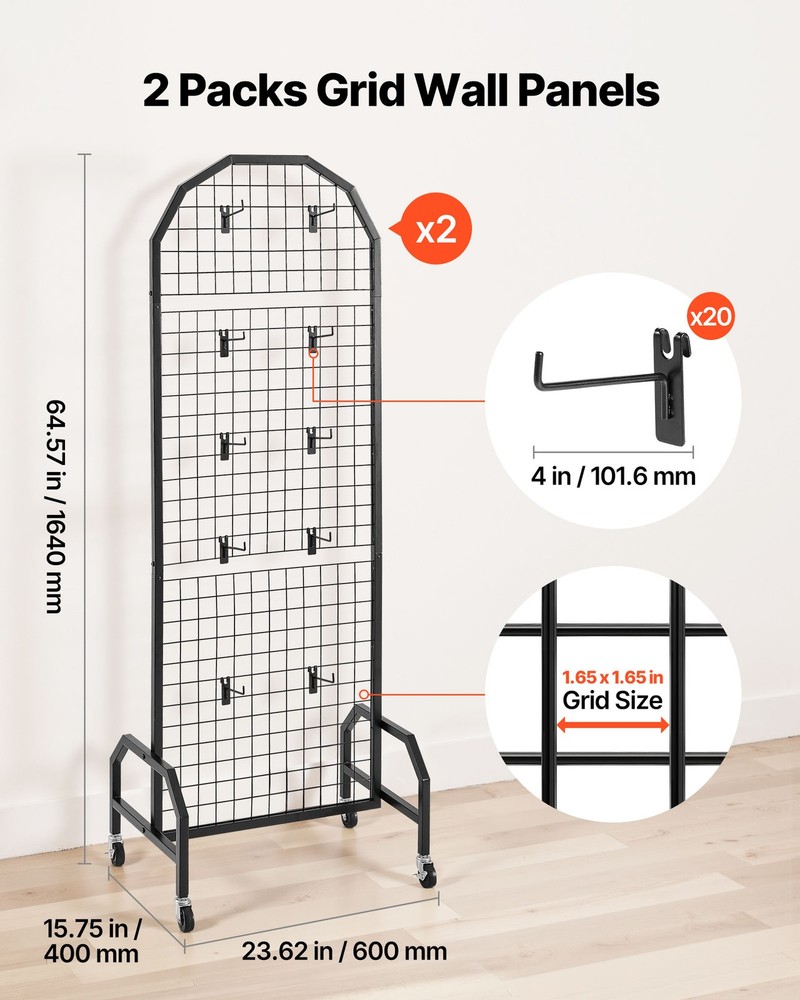 VEVOR 2 Pack Grid Wall Panel 1.9 x 5.4 ft Wire Display Rack with Wheels & Hooks