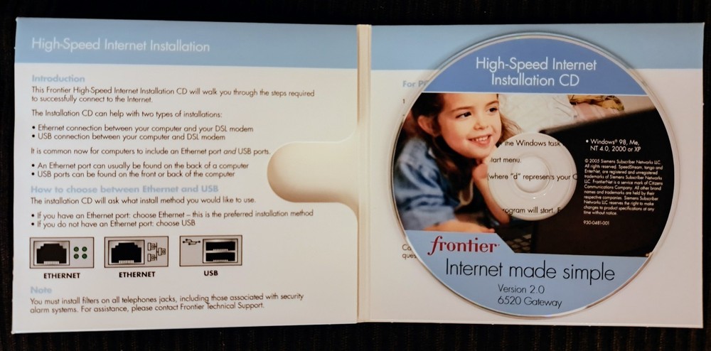 Frontier SpeedStream 6520 Modem High Speed Internet Installation CD