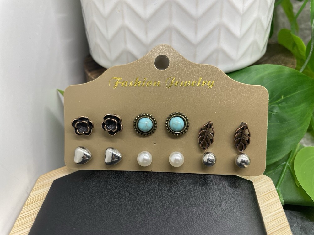 12 PC Matching Post Stud Earrings Set Bronze & Silver-Tone New Free Ship B4481