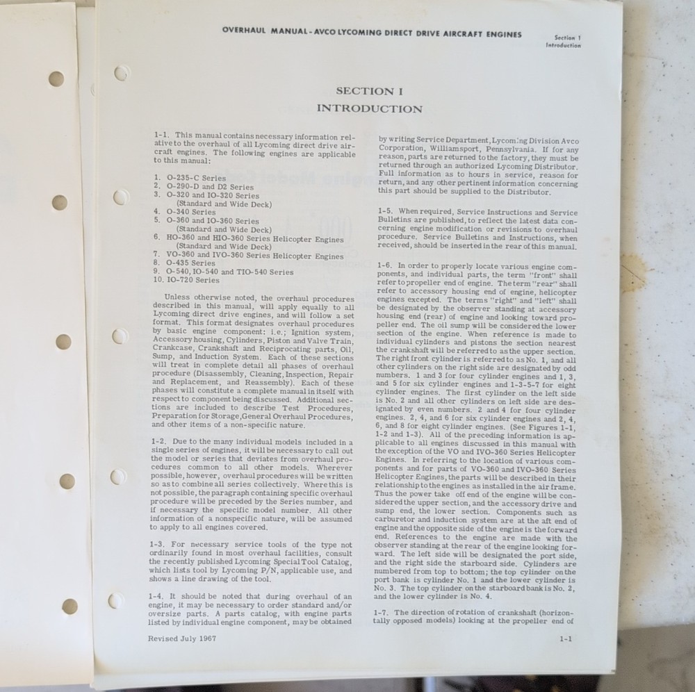 overhaul Manual Avco Lycoming Direct Drive Engine 1966