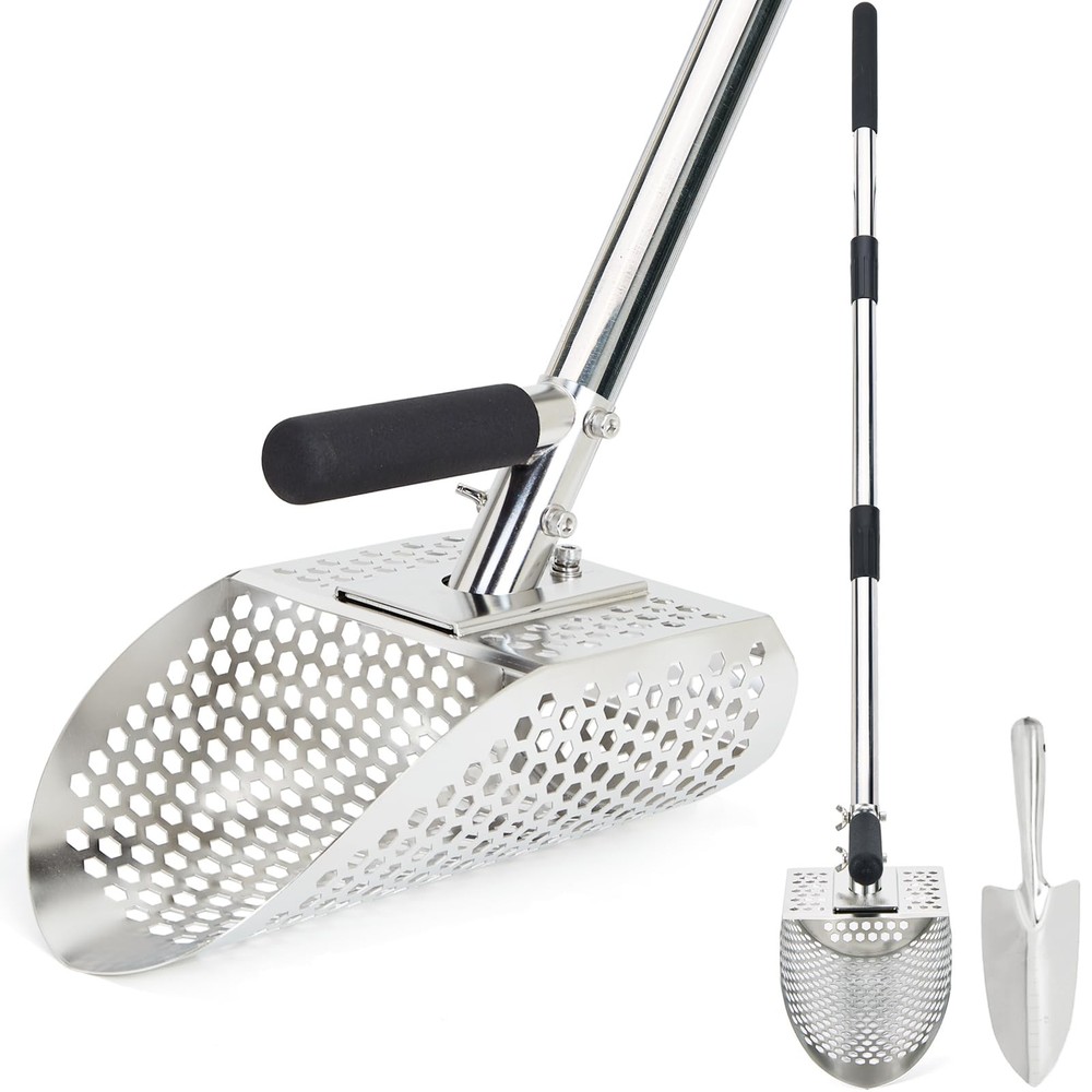Sand Scoop for Metal Detecting, Stainless with Handle, Silver