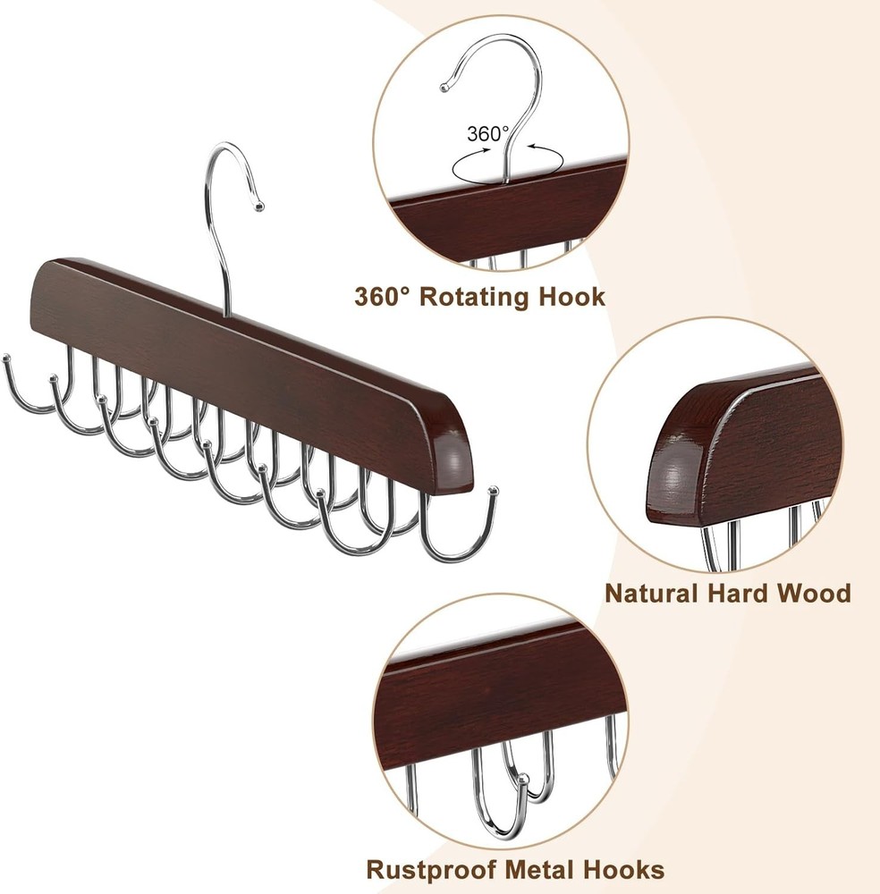 Compact Mahogany Belt Storage Solution with 14 Hooks – Elevate Your Closet Style