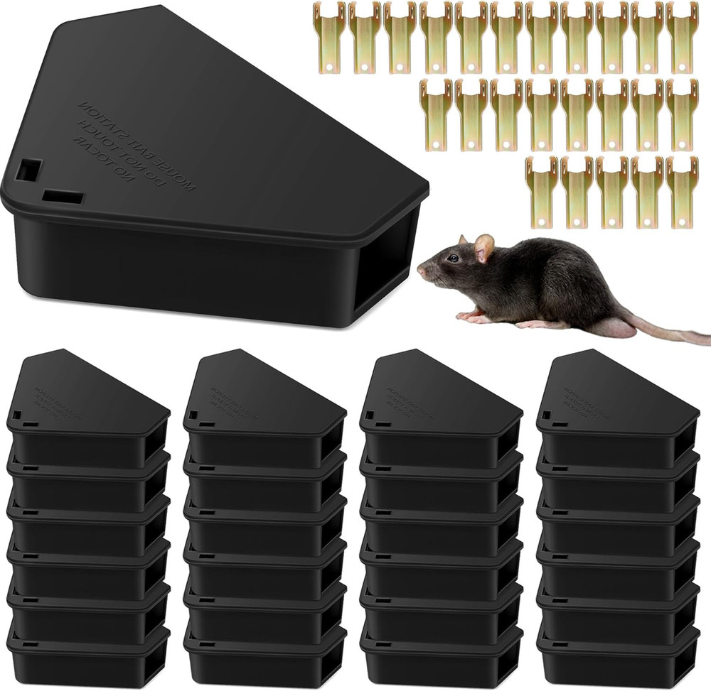 24 Pack Mice Bait Stations with Keys, Triangle Mouse Stations, Reusable Mouse St