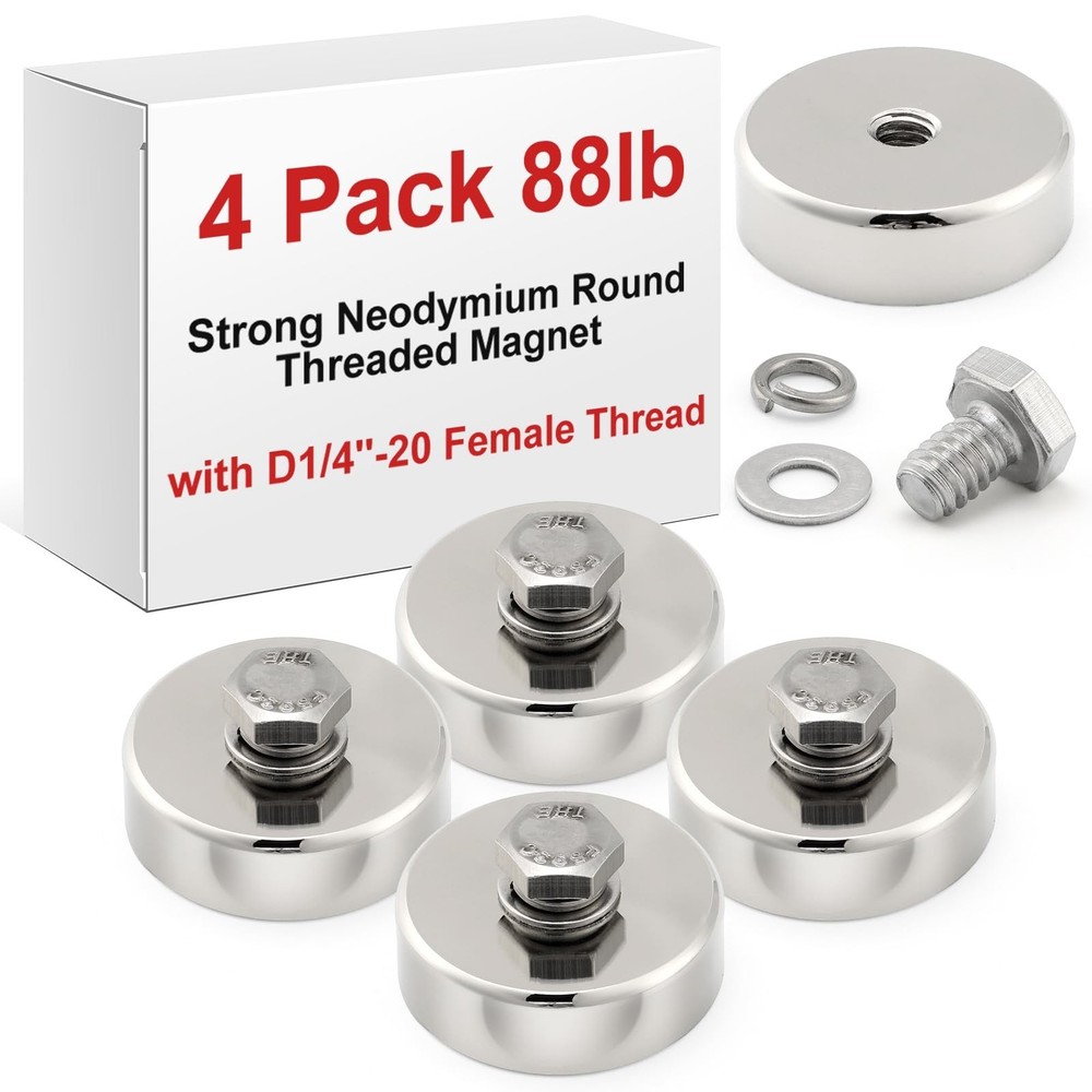 4 Pack Strong Neodymium Round Threaded Magnet with D1/4''-20 Female Thread, 8...