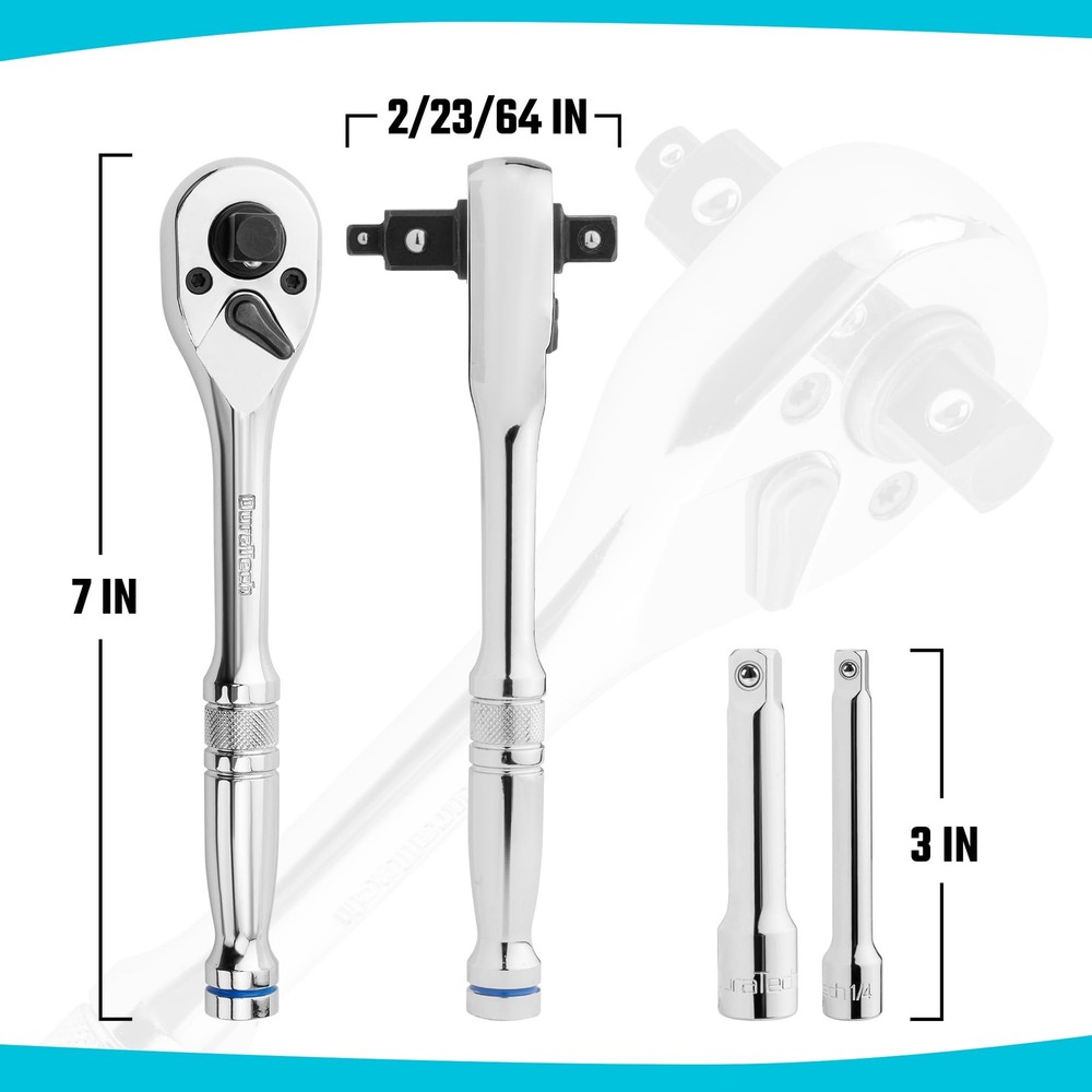 DURATECH Ratchet Set, 3-IN-1 Handle, with 2 Extension Bars, Silver