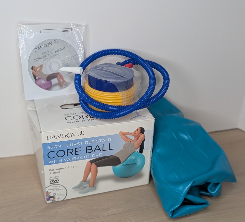 DANSKIN BURST RESISTANT BLUE CORE BALL 55CM INCLUDES WORKOUT DVD NEW IN BOX