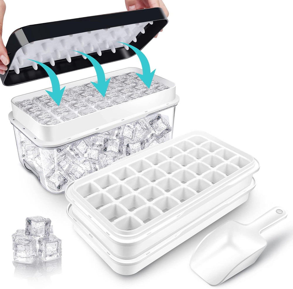Ice Trays for Freezer with Lid & Bin, Ice Cube Tray Making 64 pcs Ice Cubes, Eas
