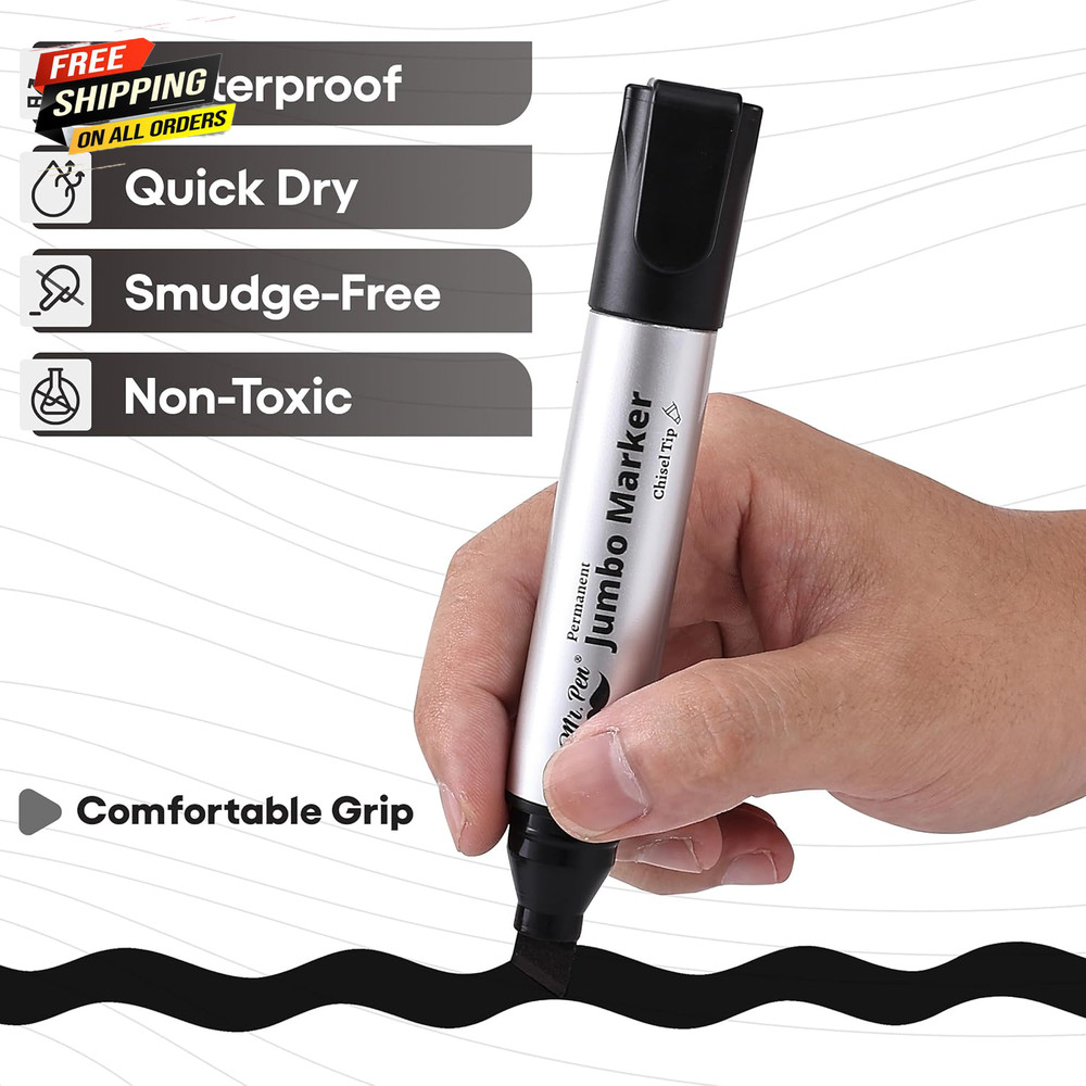 Jumbo Permanent Markers, 4 Pack, Chisel Tip, Black, Thick, Large, Wide Tip 👌