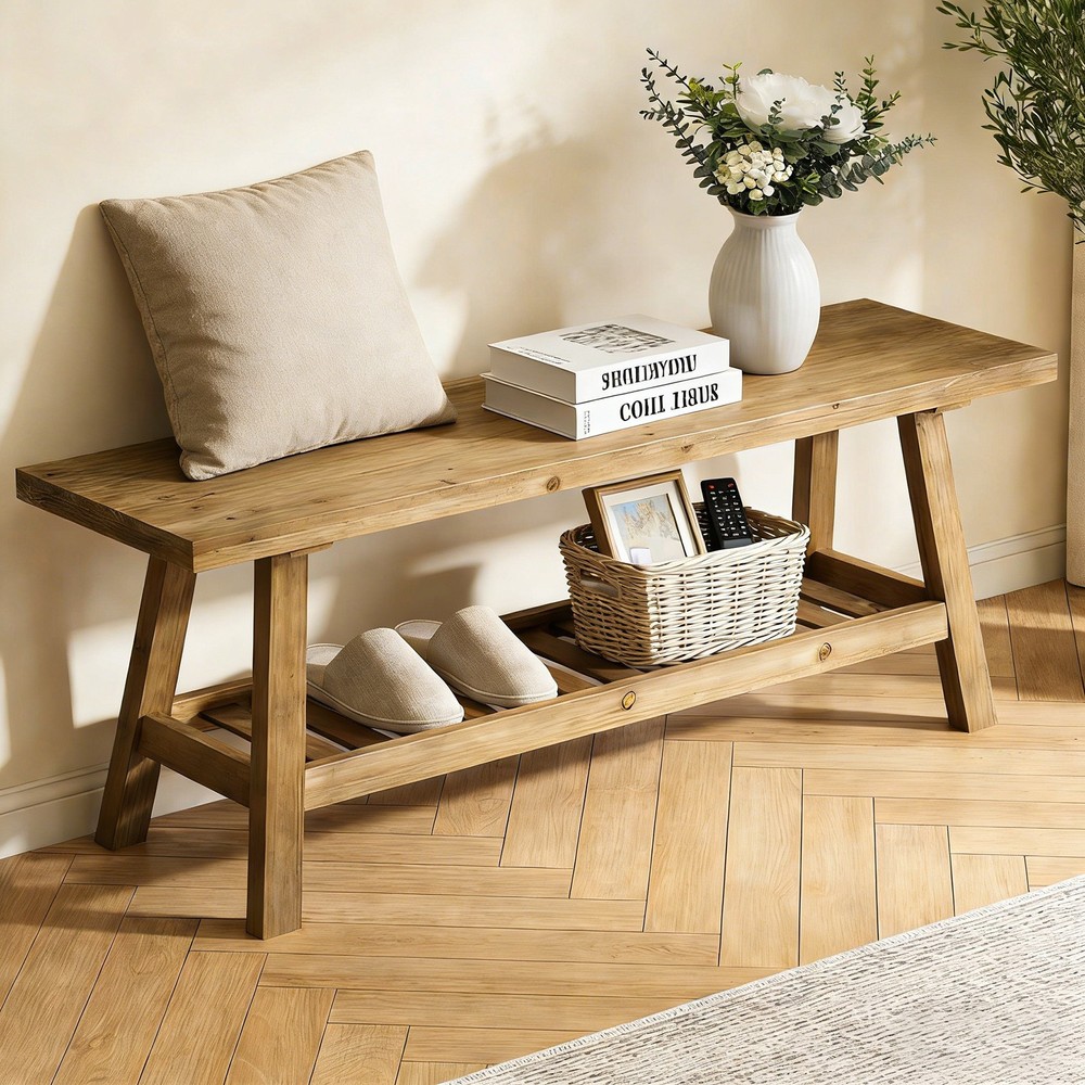 43" Rustic Farmhouse Bench with 2-Tier Open Storage Shelf