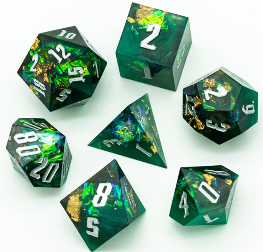 Green Cosmos Sharp Edged 7 Dice Set Poly RPG DnD Dungeons Dragons AD&D d20