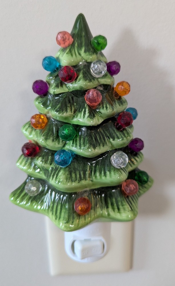 Ceramic Christmas Tree Night Light Wall Plug In Green with Multi Color Lights