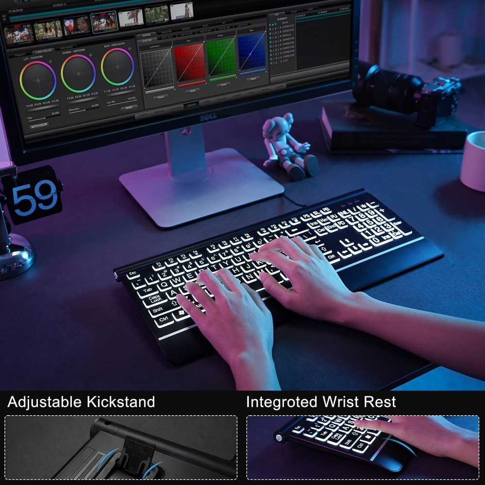 Large Print Backlit Computer Keyboard, 7-Color Backlit Keyboard with Wrist Re...
