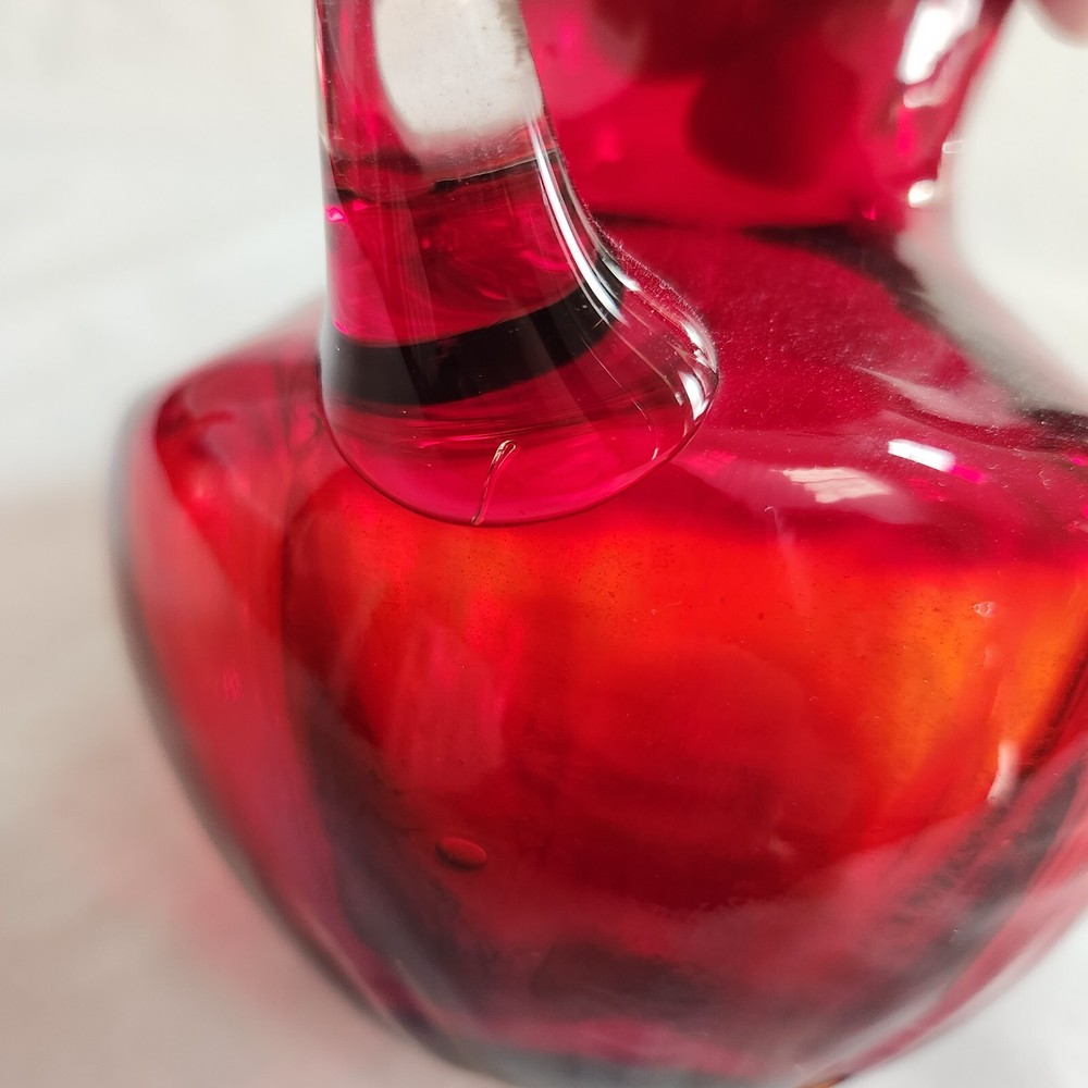 Vintage Ruby Red Small Pitcher Ruffle Top Art Glass Applied Clear Handle AS IS