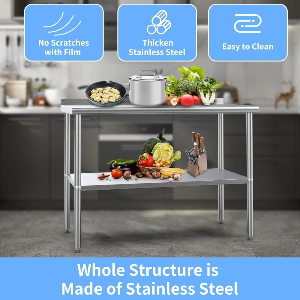 60'' x 24'' Stainless Steel Prep Table Worktable with with Adjustable UnderShelf