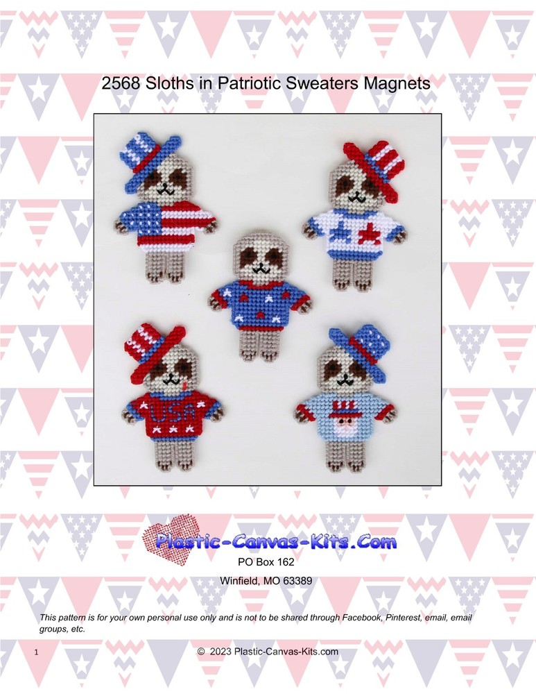Sloths in Patriotic Sweaters Magnets-Plastic Canvas Pattern or Kit