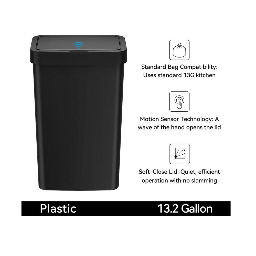 13.2 Gallon Motion Sensor Trash Can Touchless Kitchen Garbage Bin Black