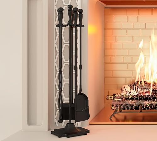 5 Pcs Fireplace Tools Sets Heavy Duty Wrought Iron Large Fire Tool Set and