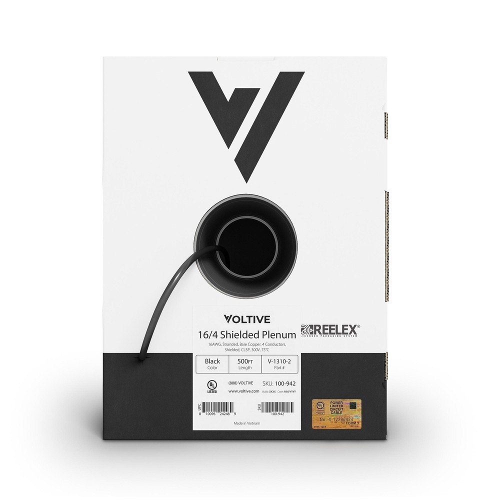 Voltive 16/4 Shielded Low Voltage Wire, Plenum CL3P, Black, 500ft