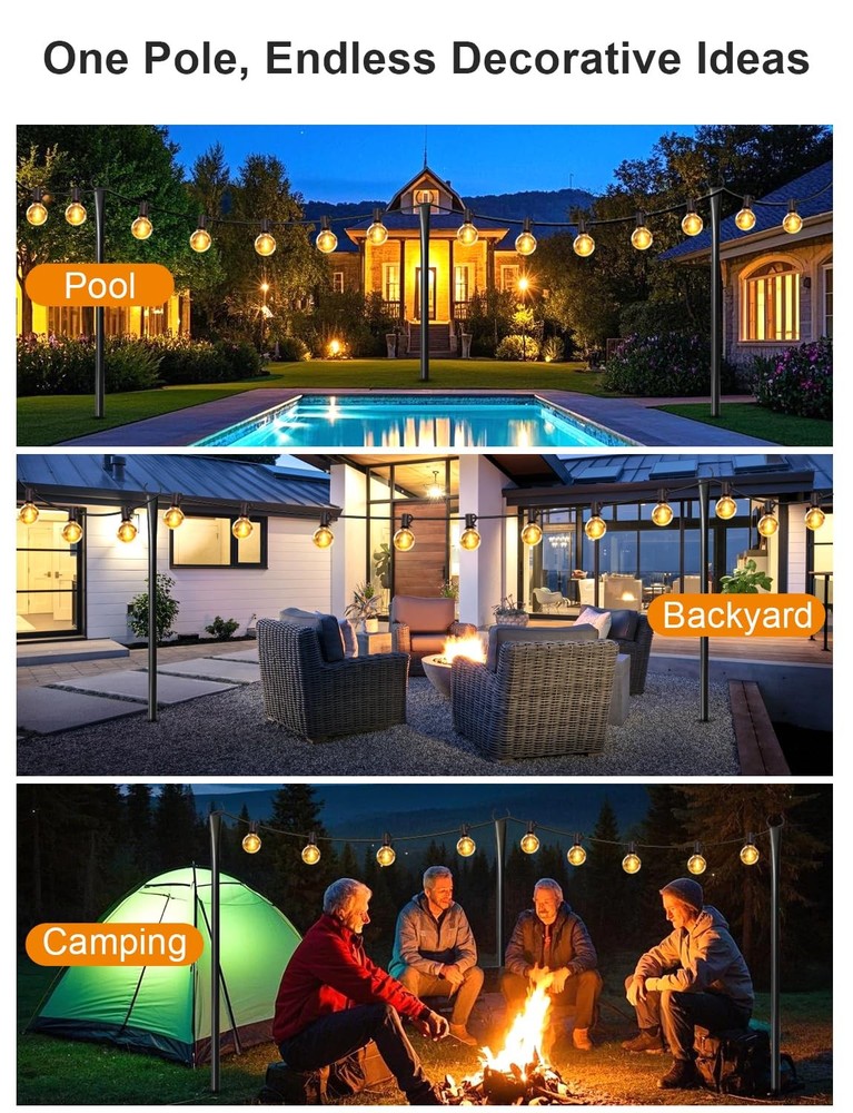 2 Pack String Light Poles for Outside, Thickened Metal Lights 2 Pack, Black