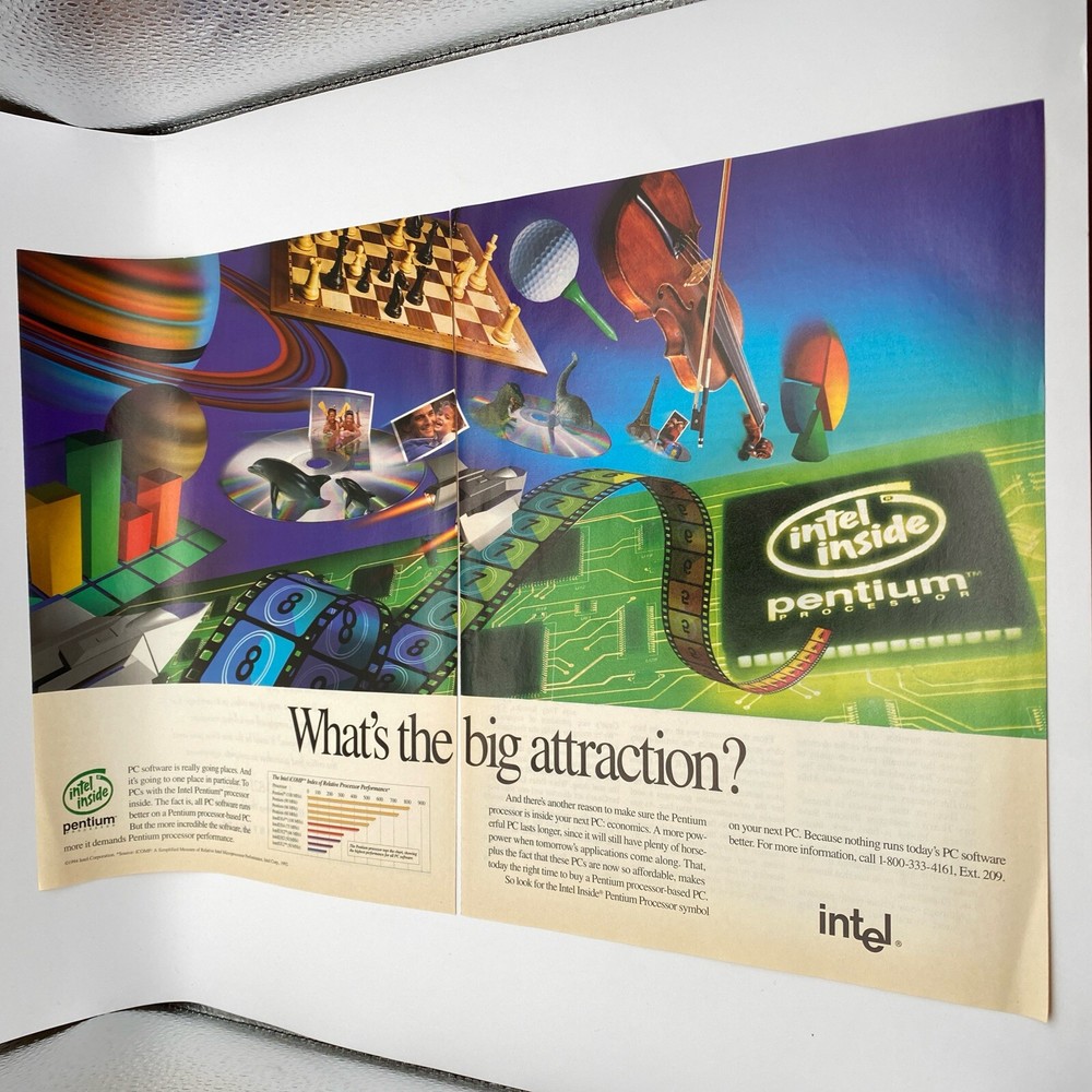 1994 Intel 2 page PRINT AD Intel Inside Pentium Processor PC Big Attraction