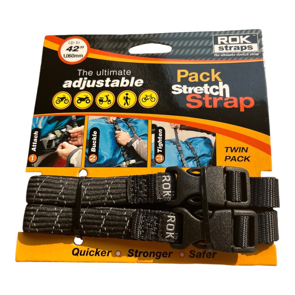 ROK Pack Stretch Strap Adjustable Luggage strap 12”-42”  Twin pack Black/Reflect