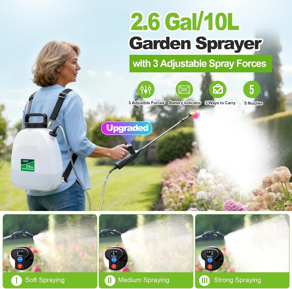 2.6 Gal Battery Powered Backpack Sprayer Wireless Cordless Garden Adjustable