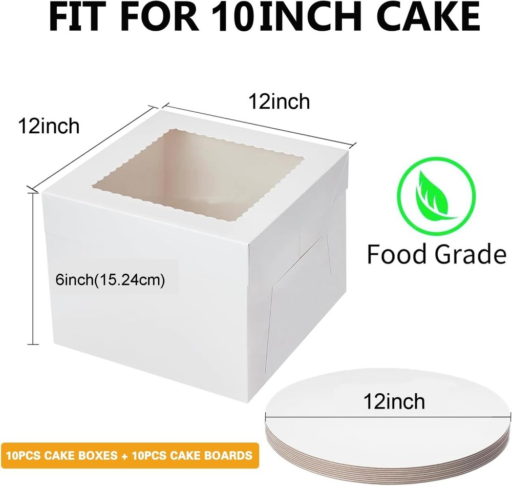 20-Pack 12x12x6 Cake Boxes & Boards White Sturdy Dessert Packaging Display