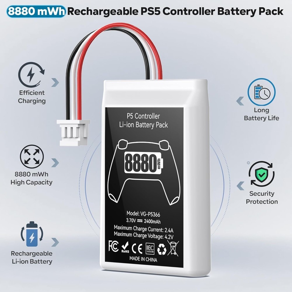 2Pk PS5 Controller Battery 8880mWh High Capacity Controller Battery Replacement