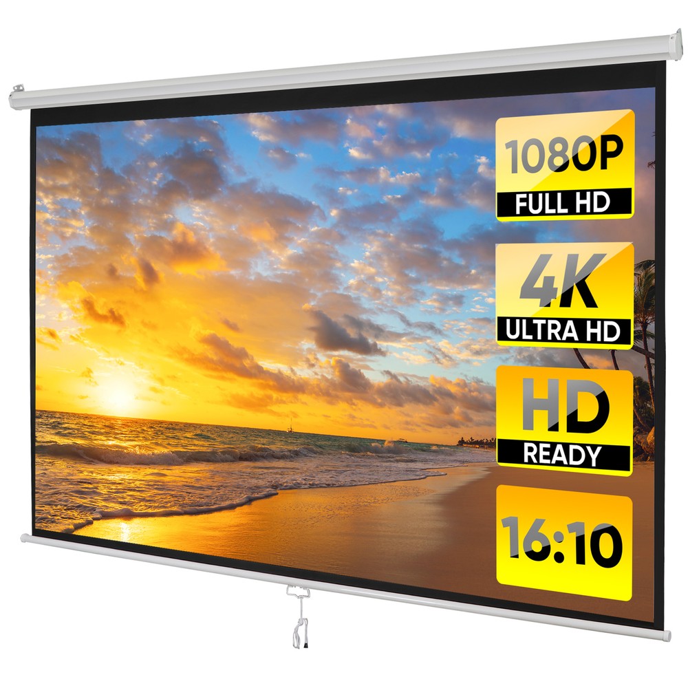100" Projector Screen Pull Down Manual 16:10 HD Wall Mount Projection Screen