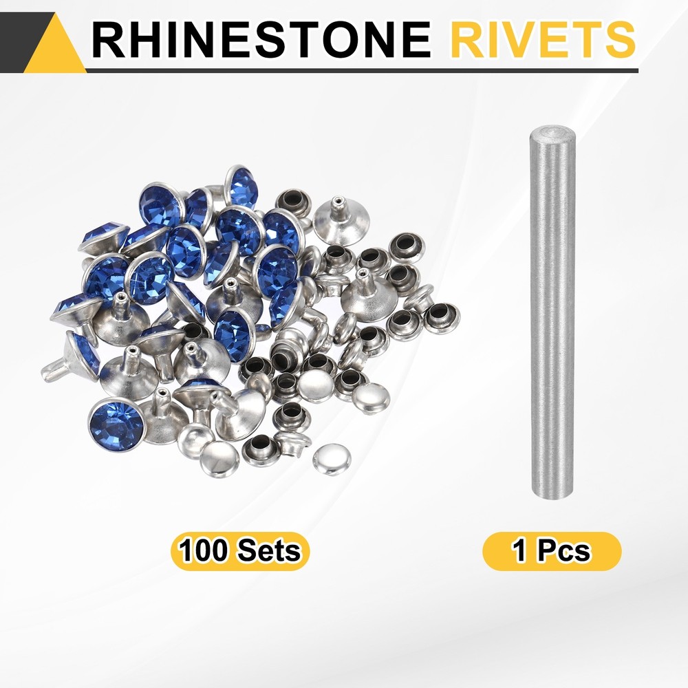 100pcs Crystal Rivets 9mm Rhinestone Stud with Tool, Silver Light Blue