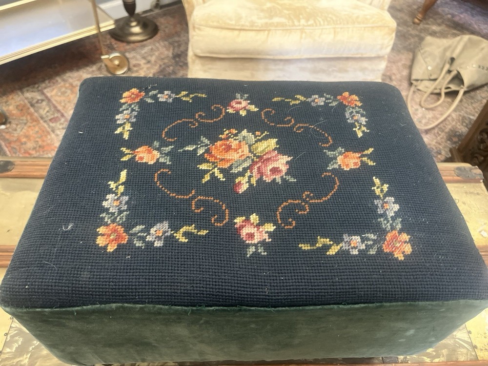 Vintage Floral Needlepoint Footstool Wool Rectangular Victorian w/ Flowers