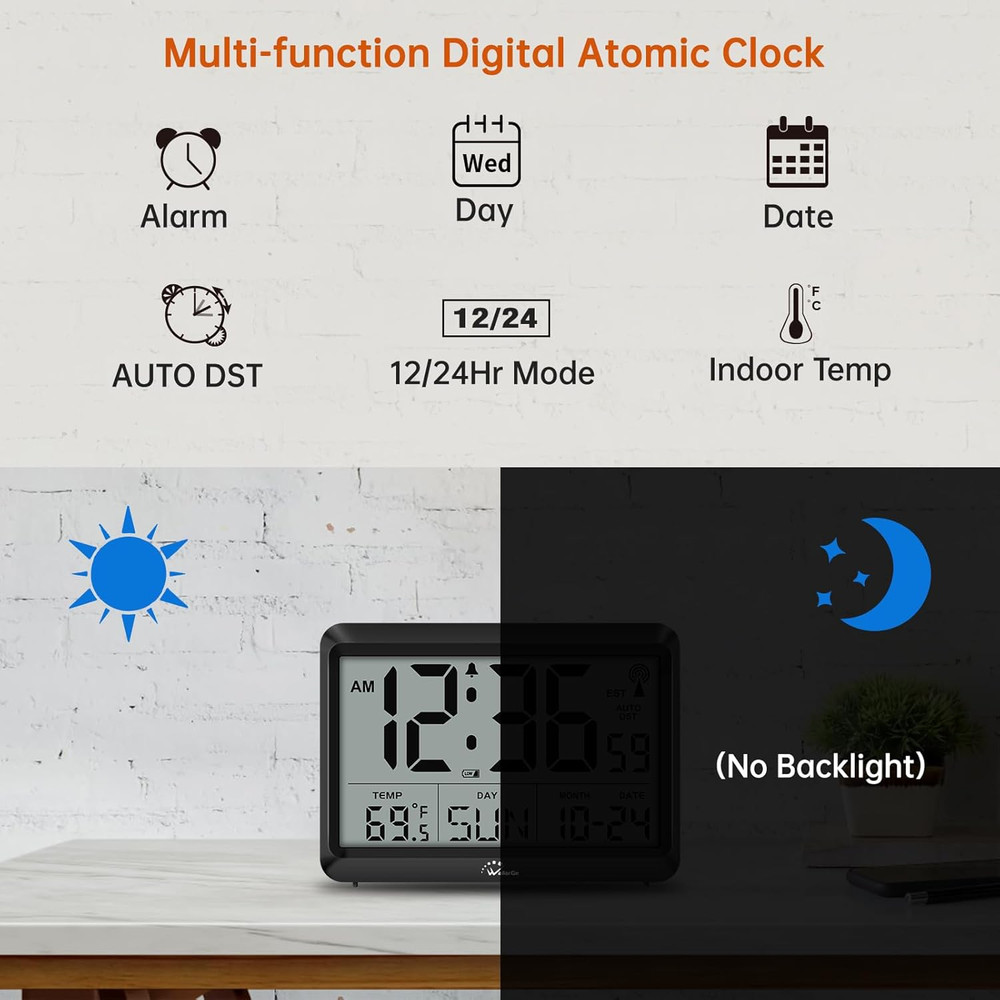 Atomic Digital Wall Clock Battery Operated, Self-Setting, Large Display with Tem