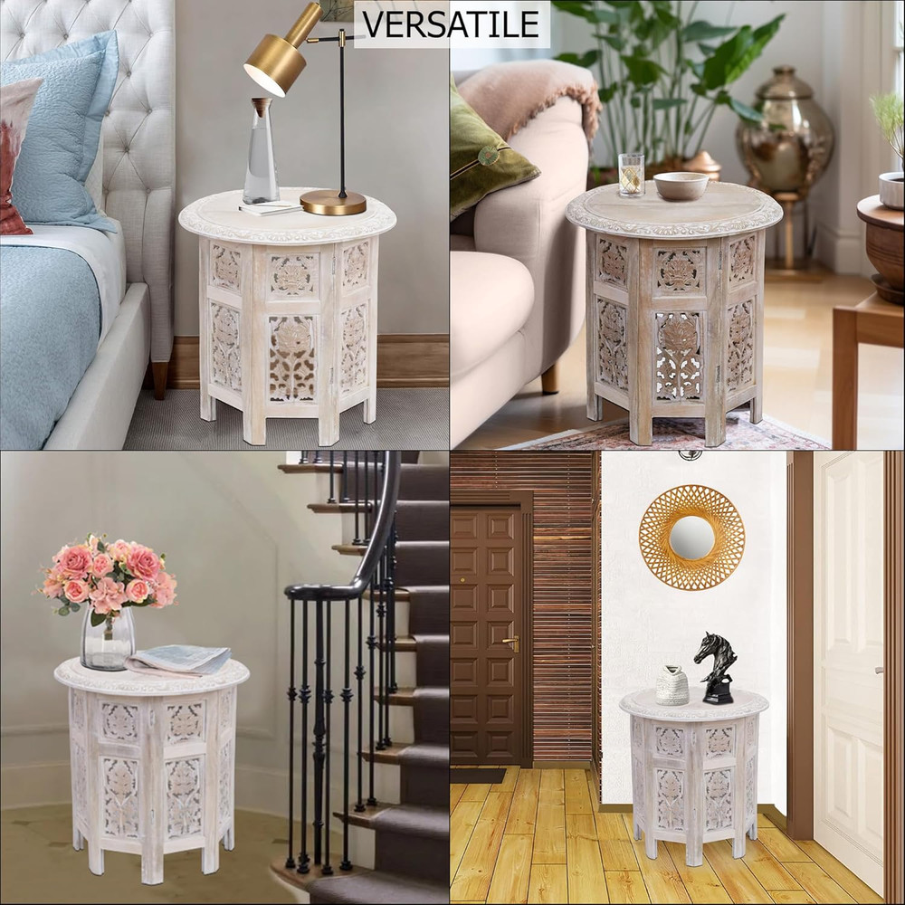 Solid Wood End Table - Hand Carved Vintage Boho Folding Accent Side Table - S...