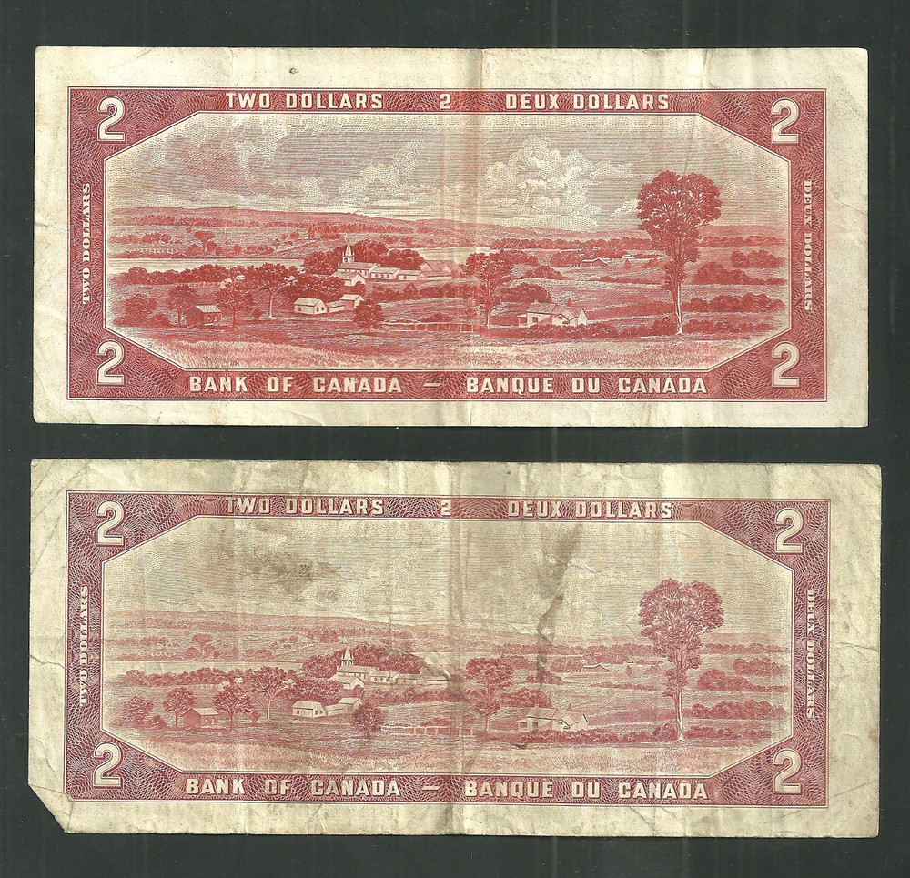 Pick# 67B & 76B 1954 Canada Canadian 2 Dollar Notes One Devil's Head Banknote