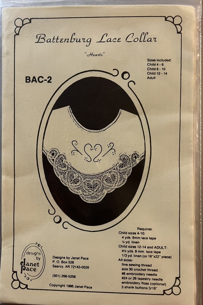 Designs by Janet Pace pattern BAC-2 Battenburg Lace Collar "Hearts" child size