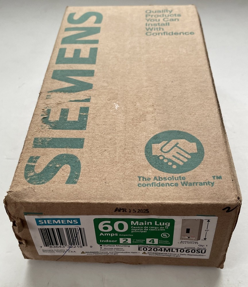 Siemens Main Lug 60 Amps Indoor 4 Circuits Surface Mounting E0204ML1060SU