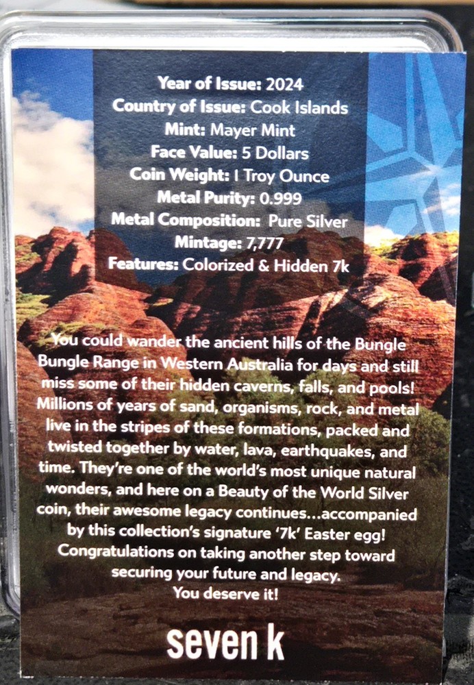 COOK ISLANDS ~ 2024 ~ $5 SILVER ~ BUNGLE BUNGLE RANGE ~ PCGS MS70