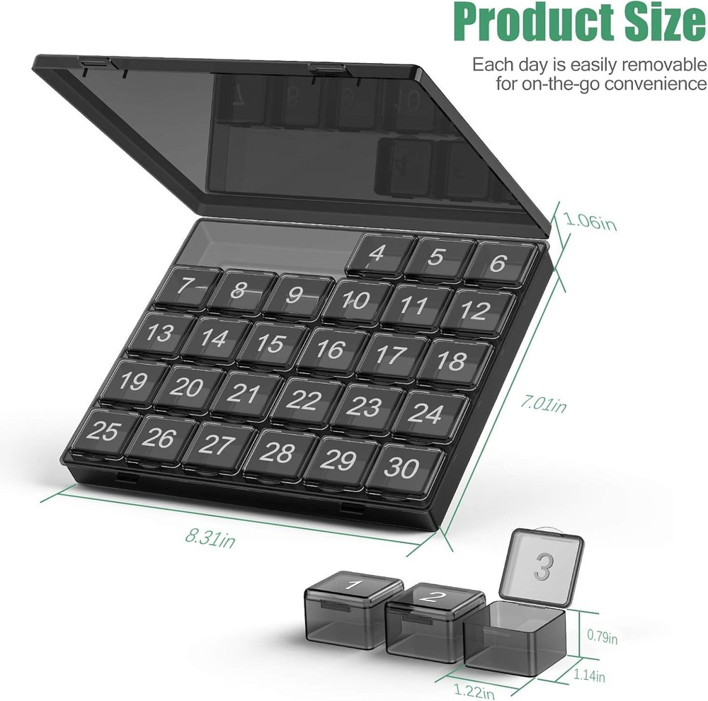 Monthly Pill Organizer Once a Day - 30 Box - Squeeze Black