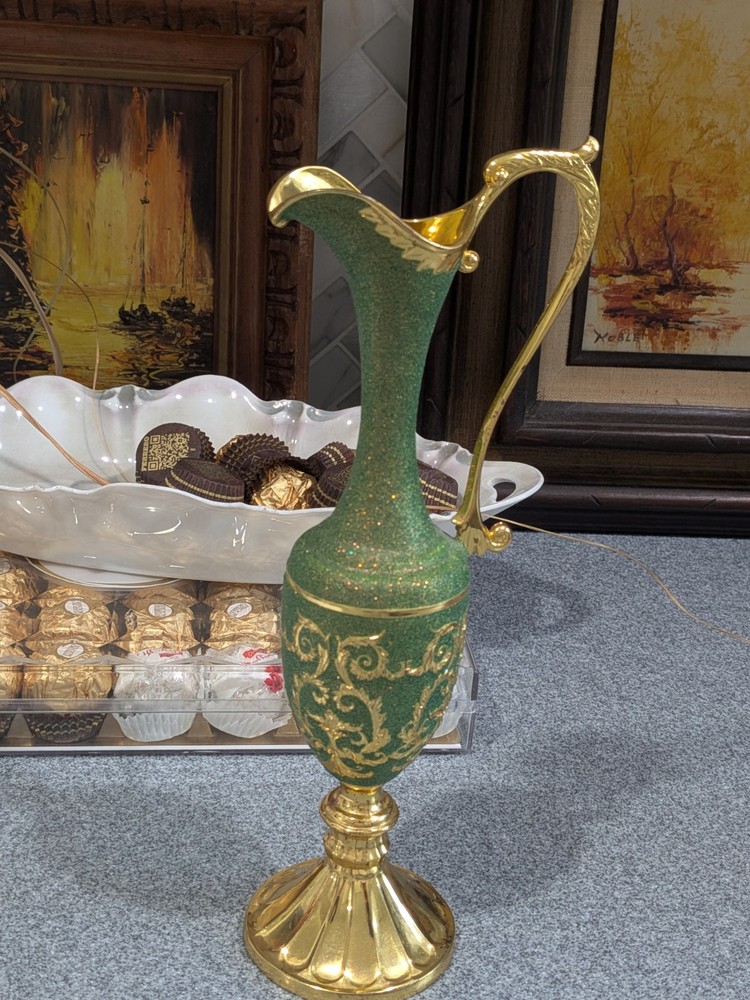 Green Gold brassl Baroque Pitcher Glossy Scroll Pattern Ornate Decorative Large